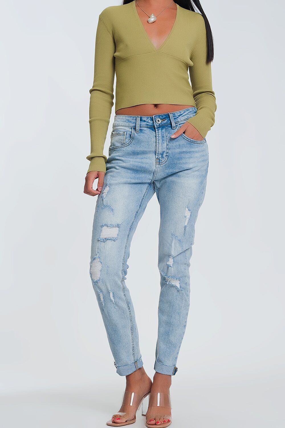 Zerrissene Boyfriend-Jeans aus hellem Denim