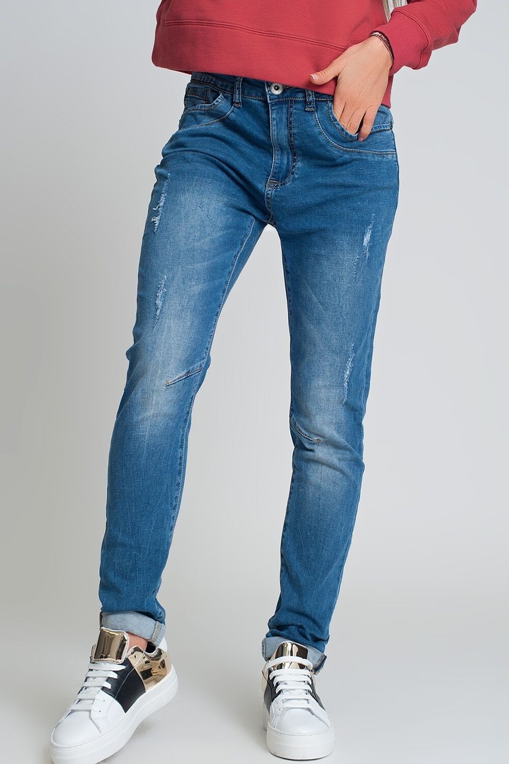 Distressed Boyfriend Jeans Blue Denim