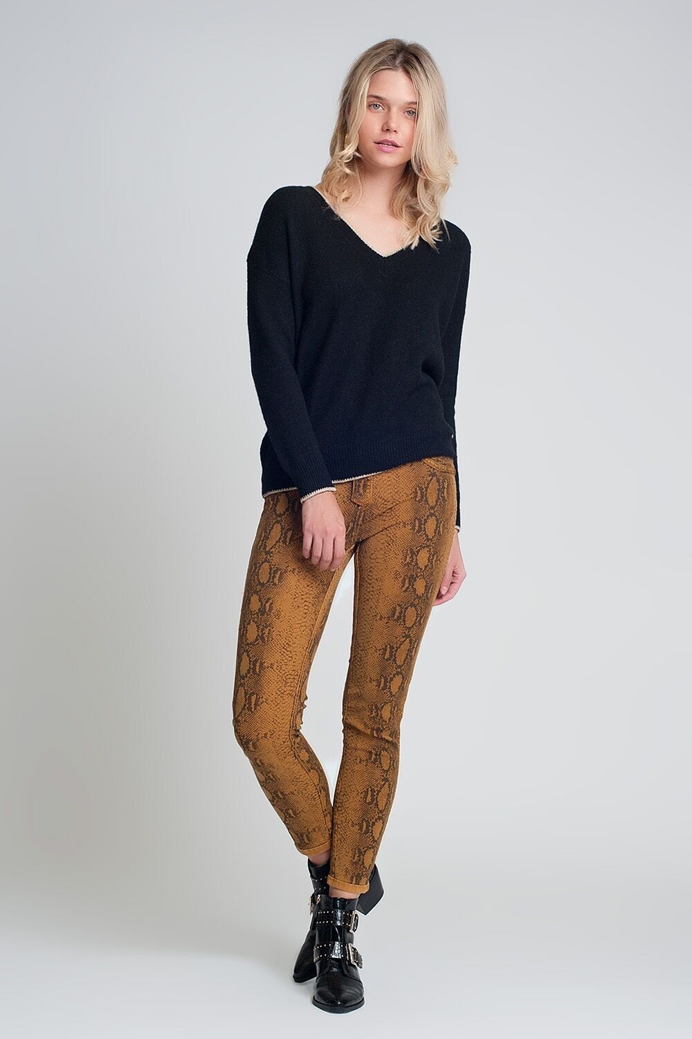 Mustard super skinny reversible pants with snake print