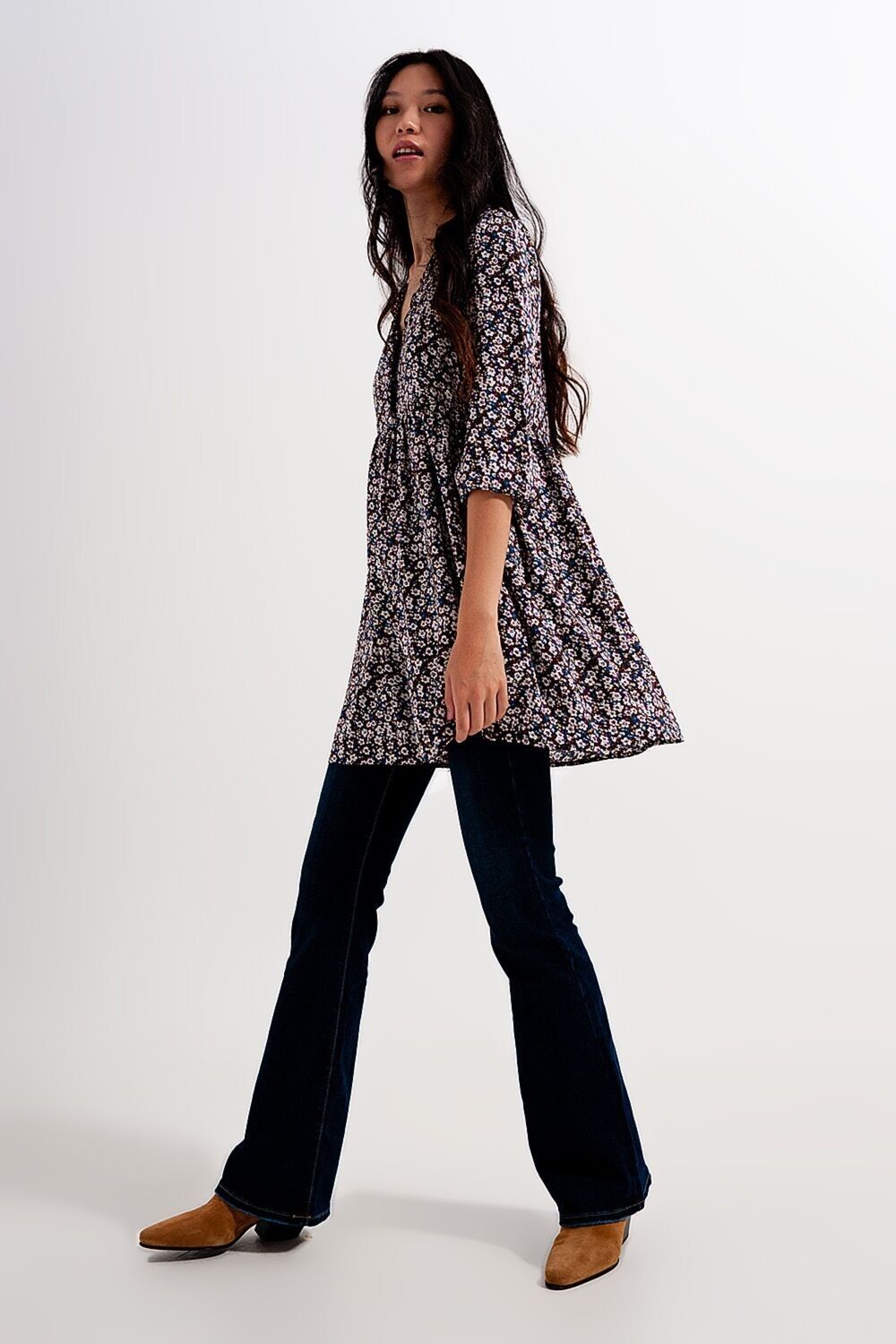 Button through mini dress in brown floral