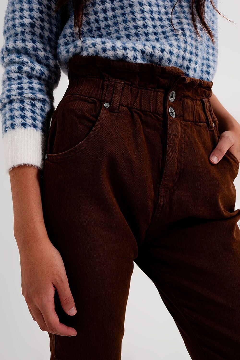 Elasticated paper bag waist mom jean in brown