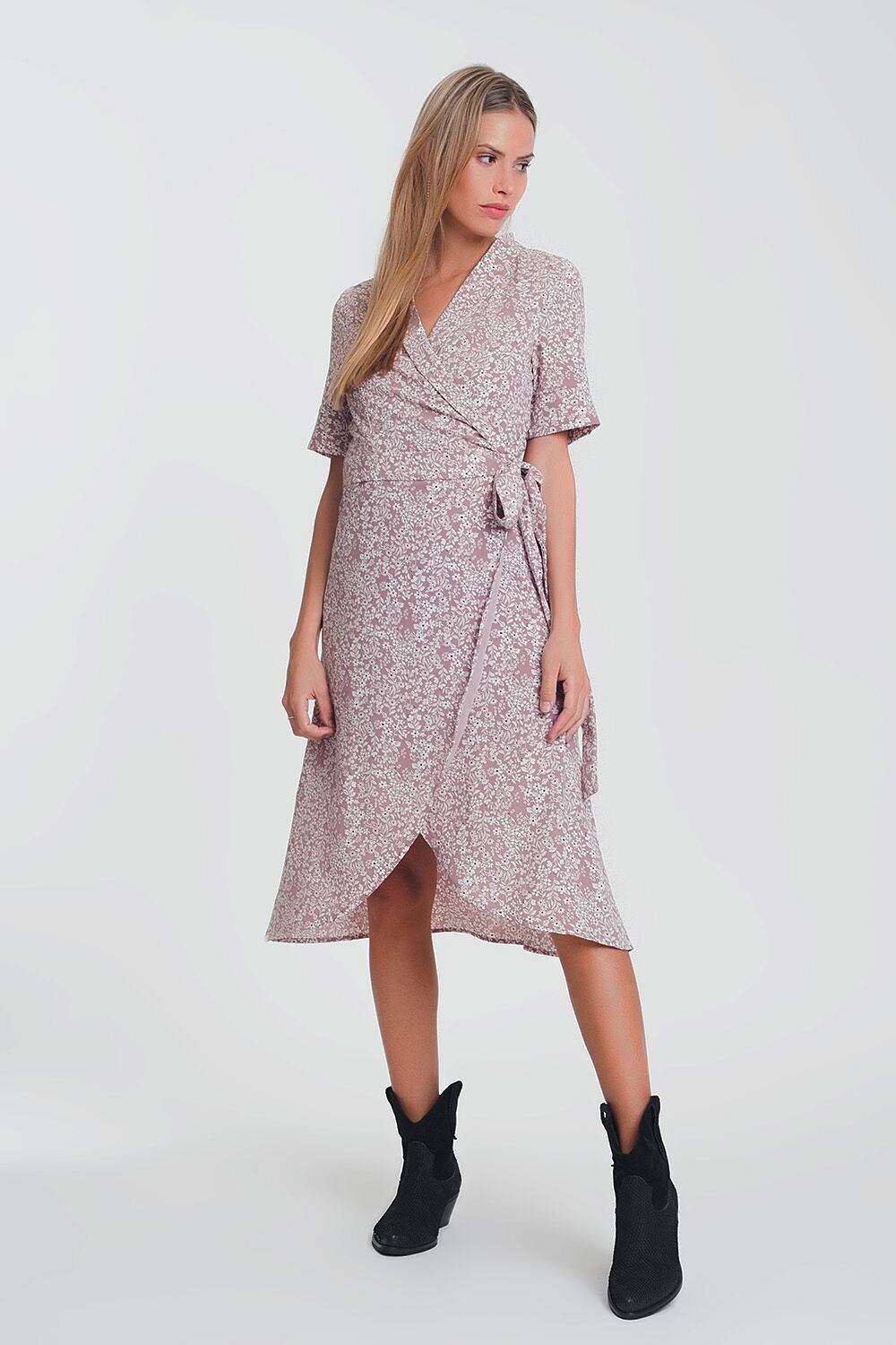 wrap midi dress in pink floral print