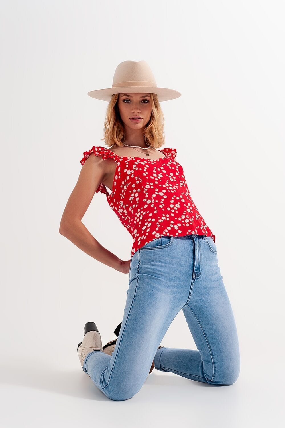 Frill strap cami top in red ditsy floral print