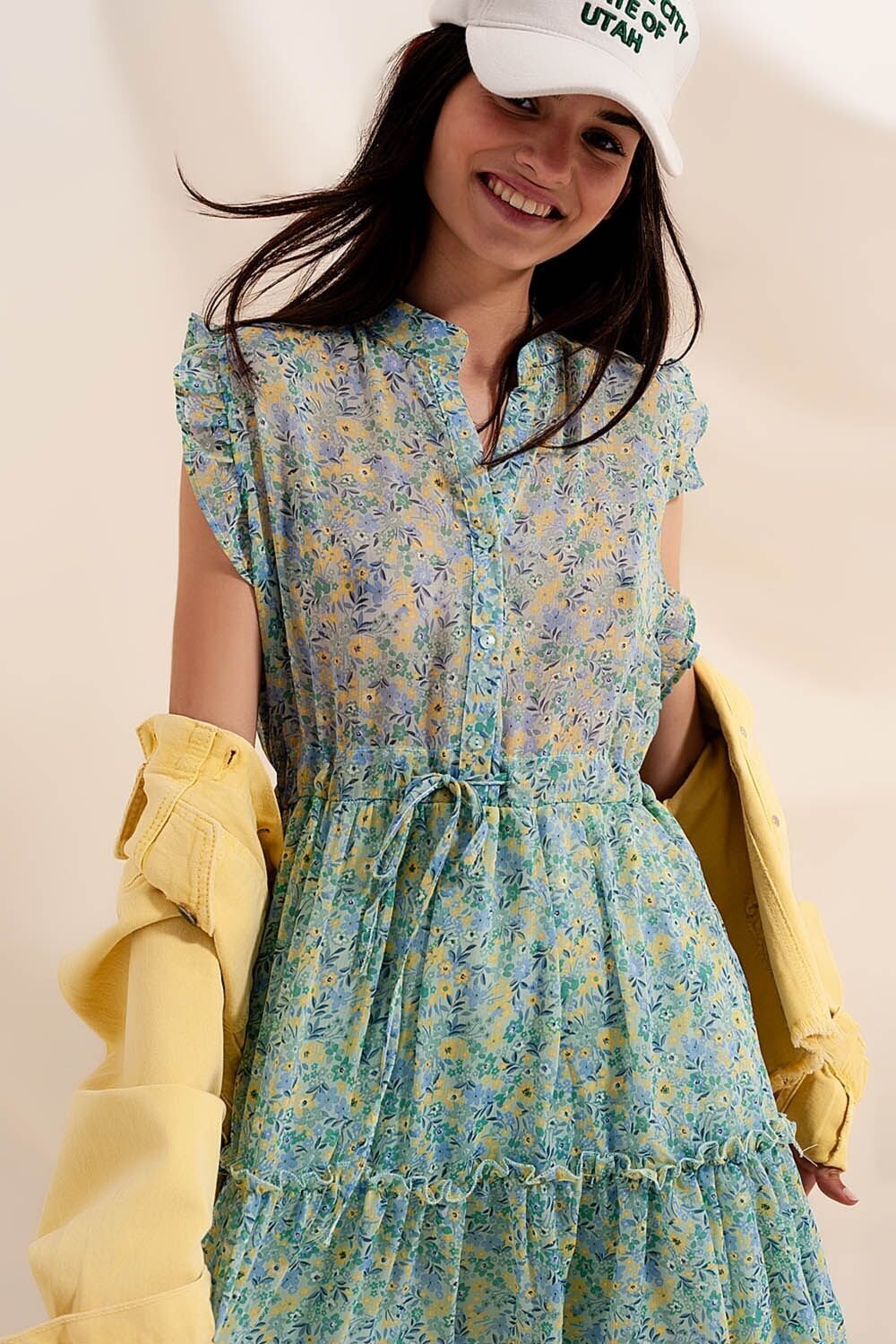 Mini dress with ruffle trims in vintage floral in green