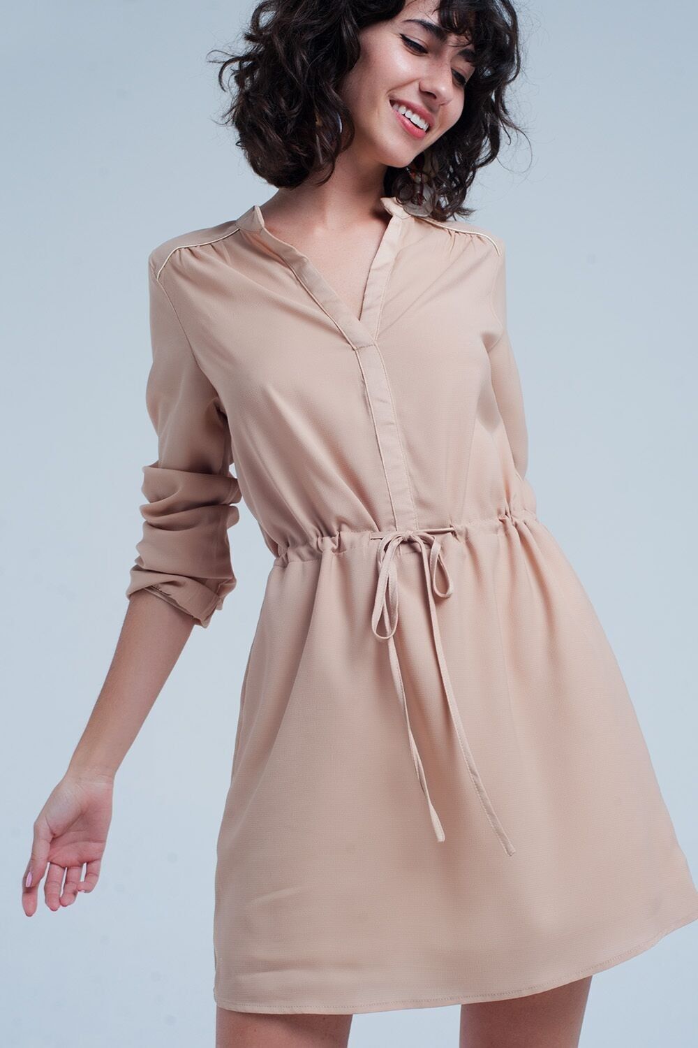 Beige tie waist shirt mini dress