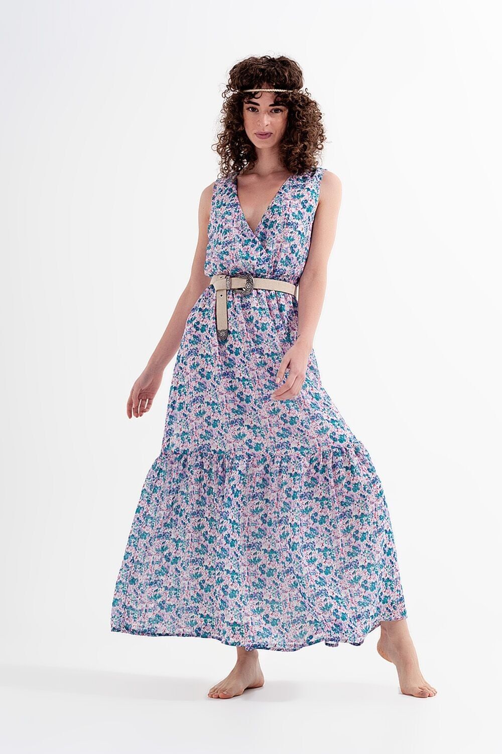 Ärmelloses Maxikleid mit Blumenmuster in Grün