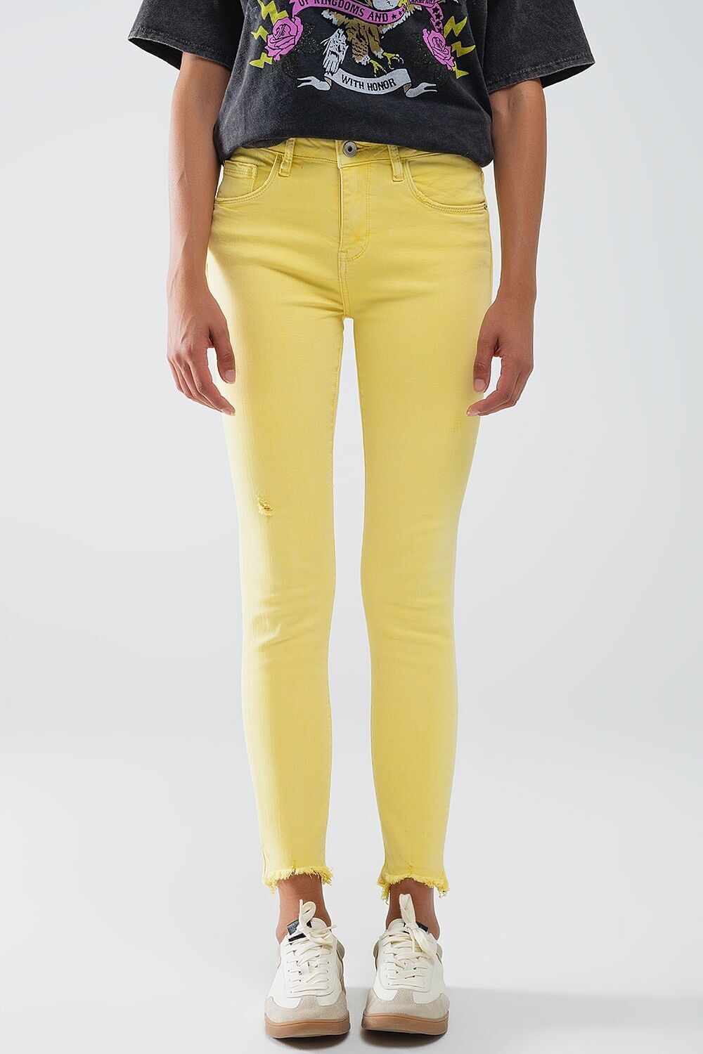 Yellow jagged hem super skinny Stretch Jeans