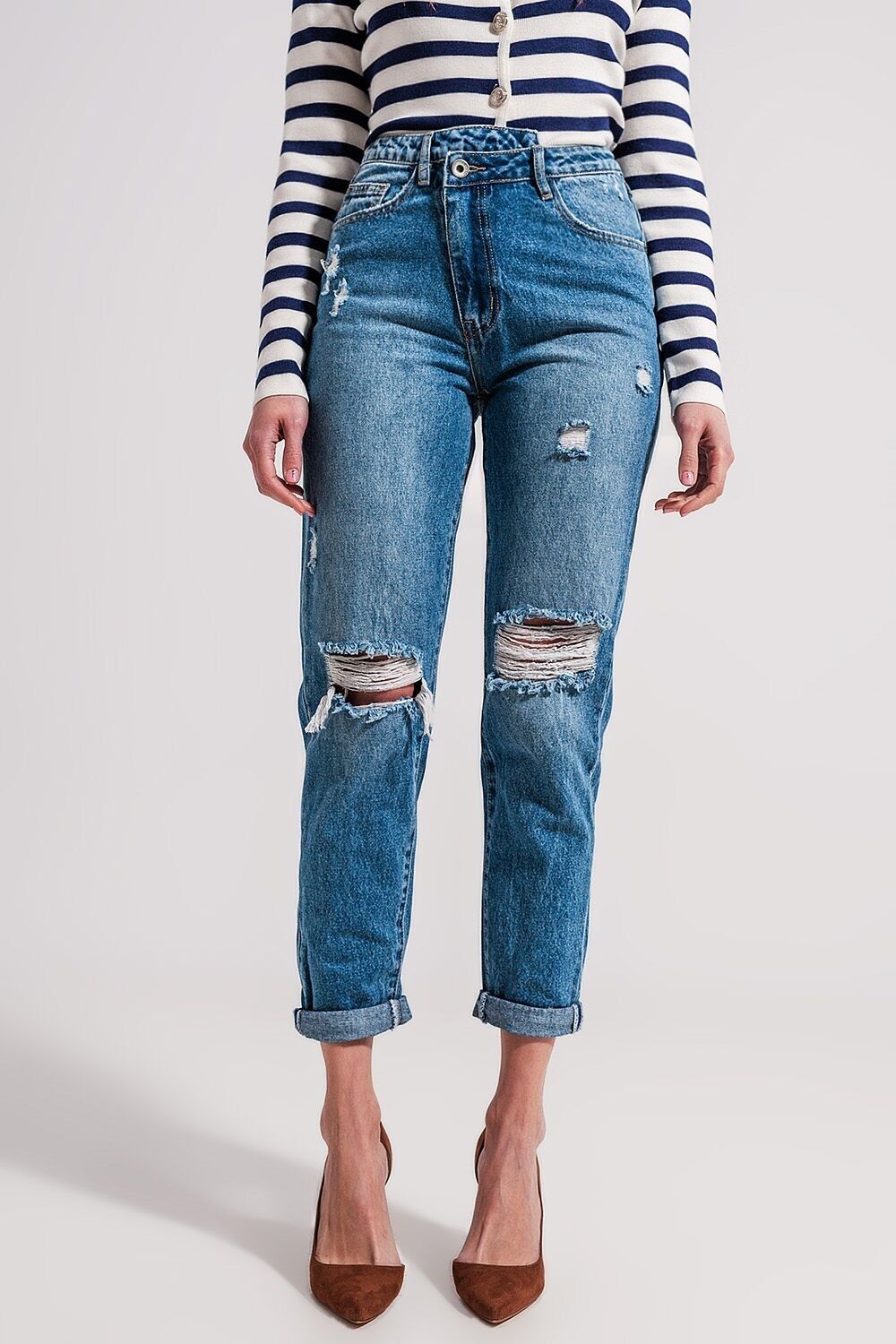Asymmetrische Jeans mit Knopfdetail in Mittelblau