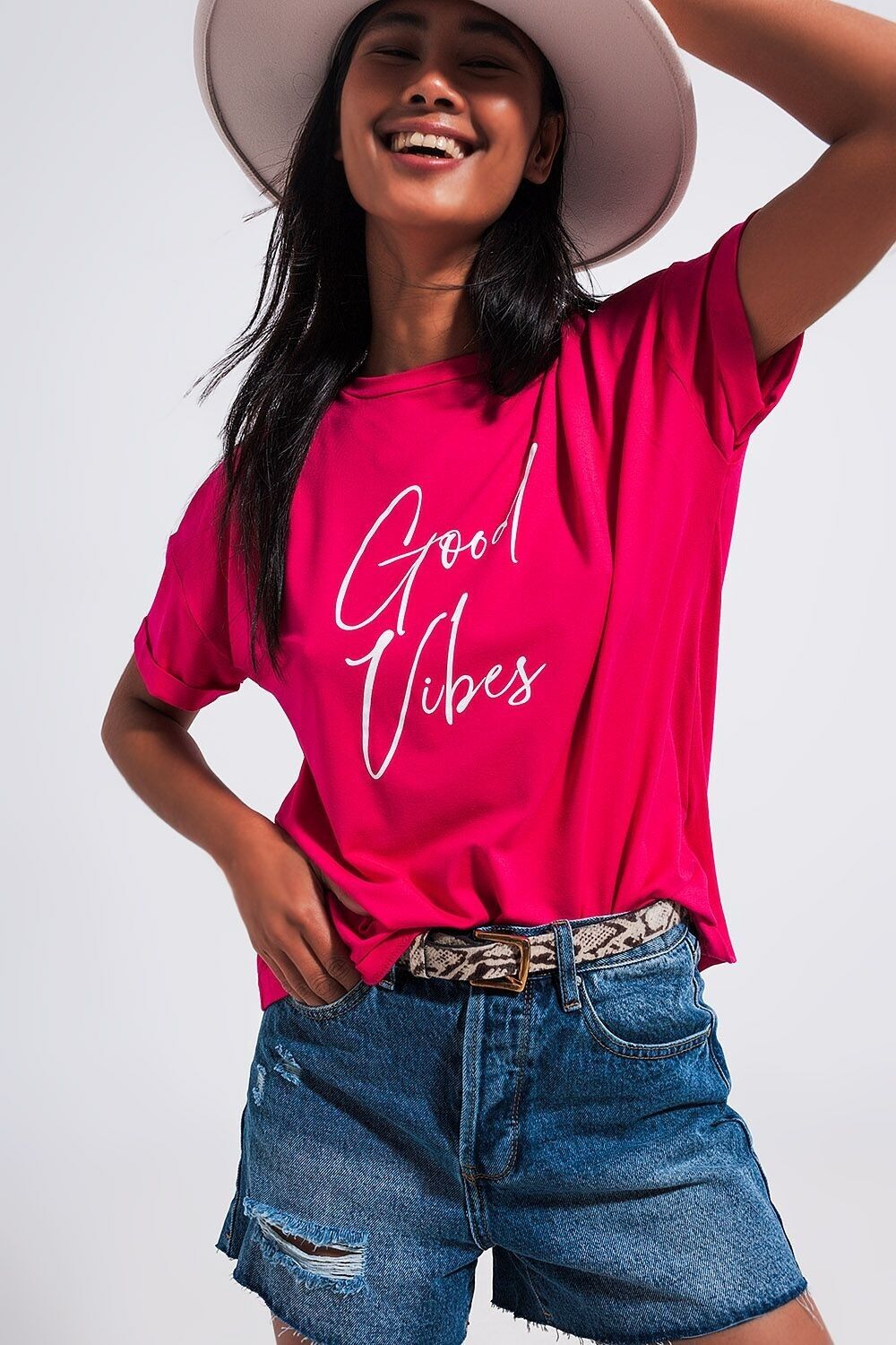 T-Shirt mit „Good Vibes“-Slogan in Fuchsia