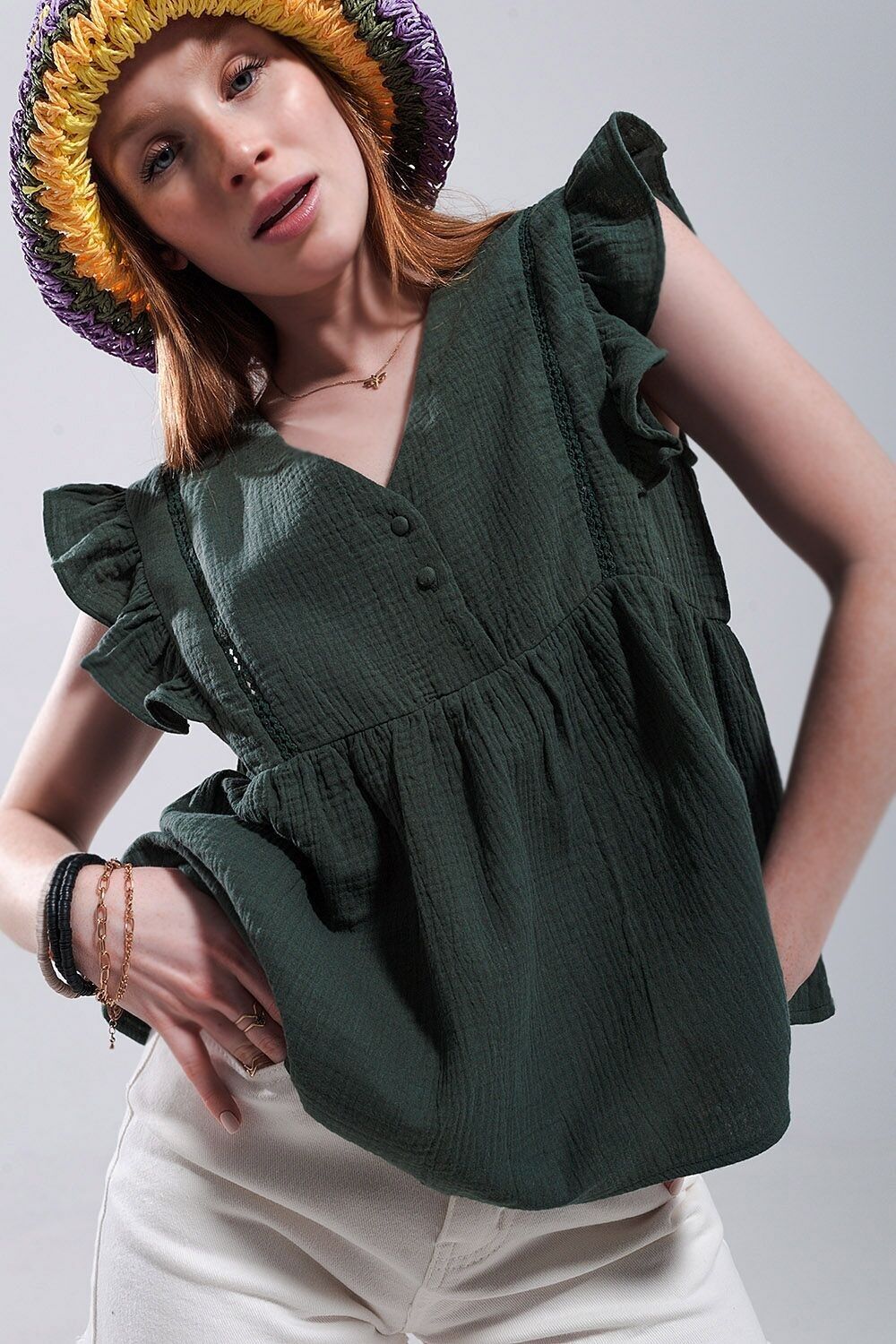 Tanktop aus Baumwolle mit Rüschenärmeln in Khaki