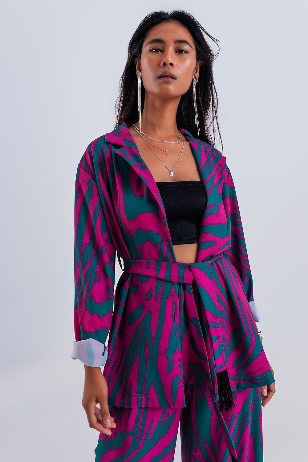 Blazer mit Gürtel und grünem Animal-Print