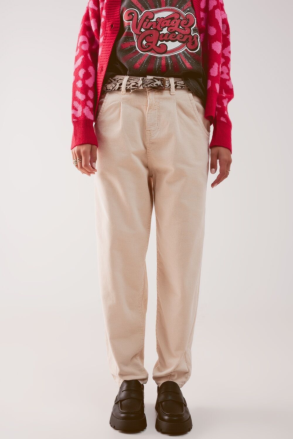 Weite cremefarbene Cordhose mit Stift