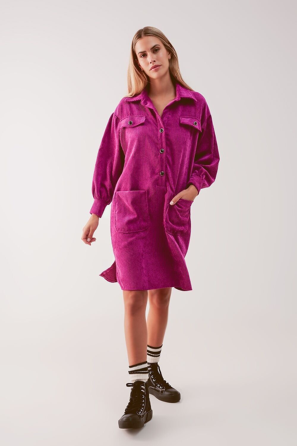 Cord-Mini-Hemdkleid in Fuchsia
