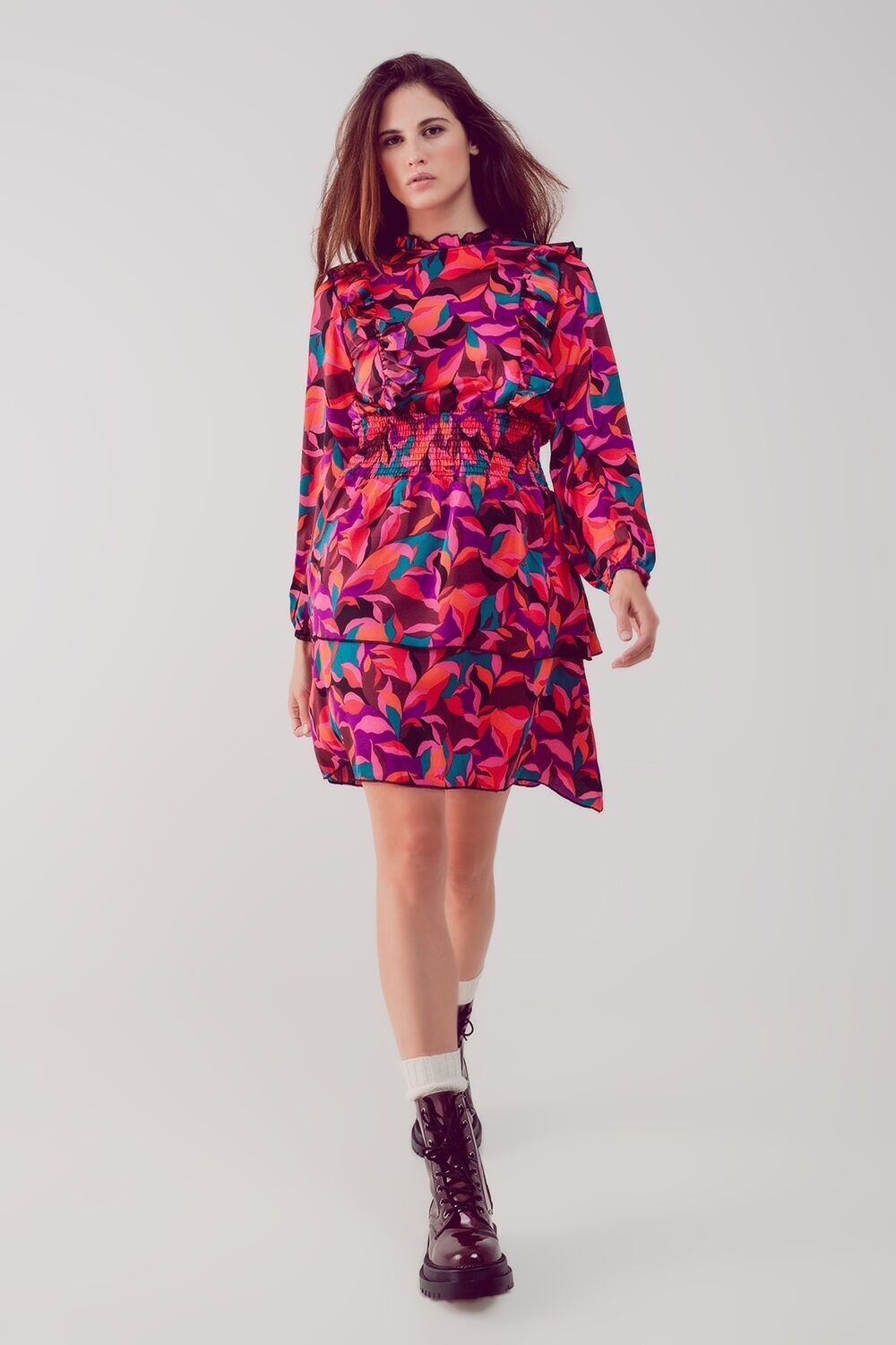 Layered frill mini dress in fucshia floral