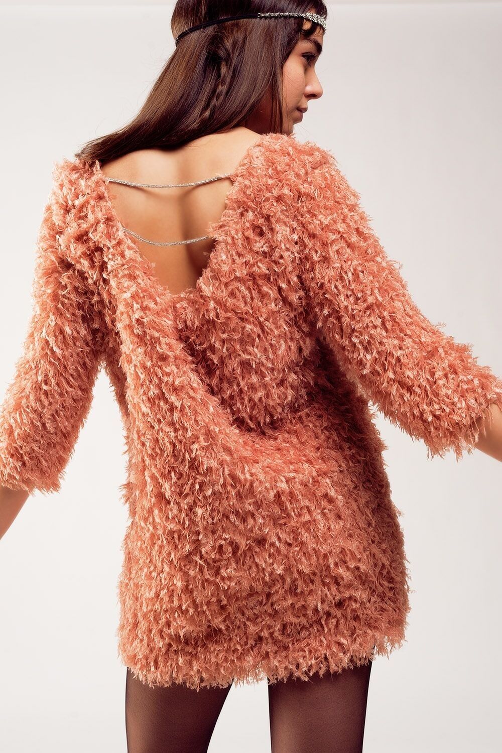 All over faux feather three quarter sleeve mini dress in pink