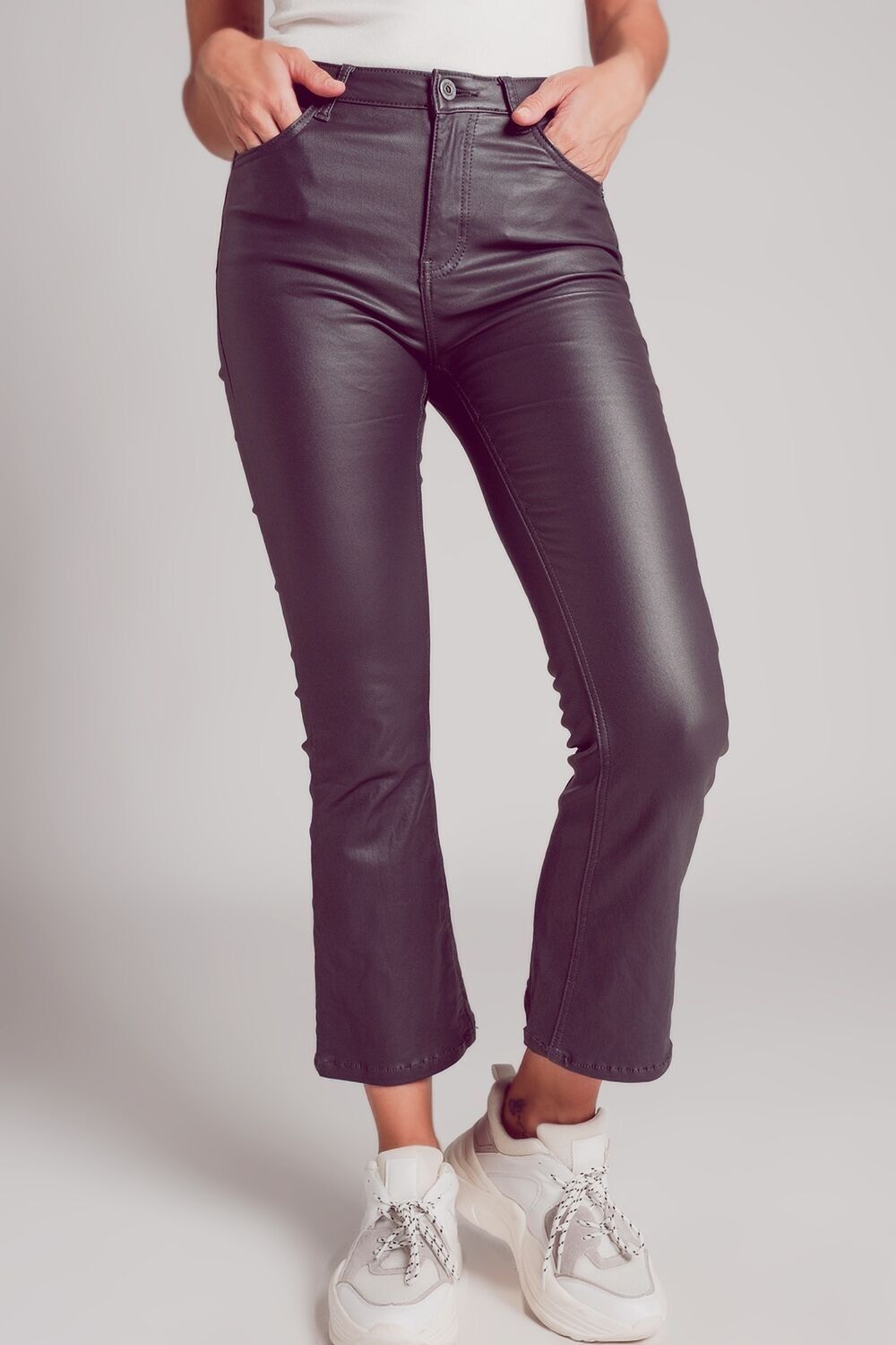 Stretch faux leather flare pants in grey