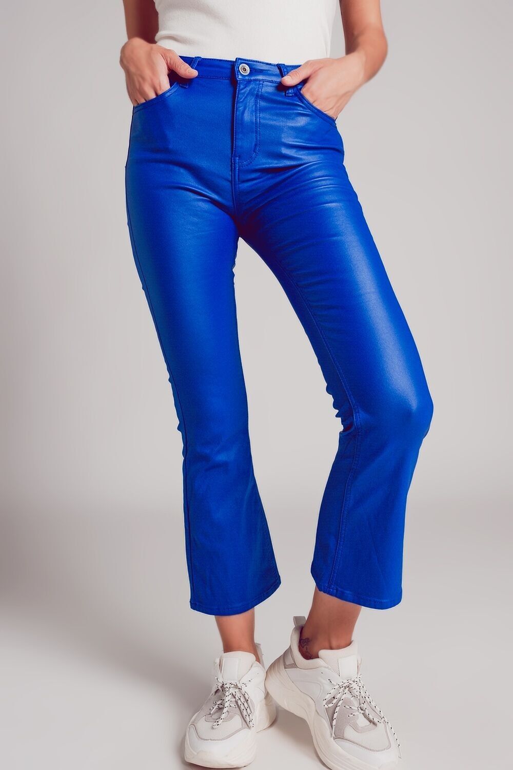 Stretch faux leather flare pants in blue