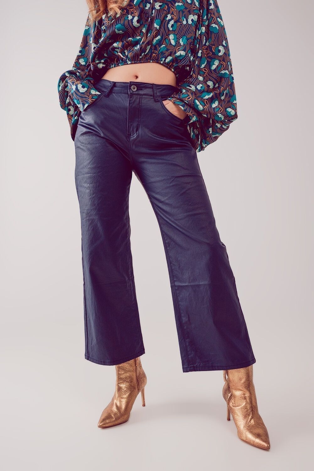 Faux leather wide leg pants in blue