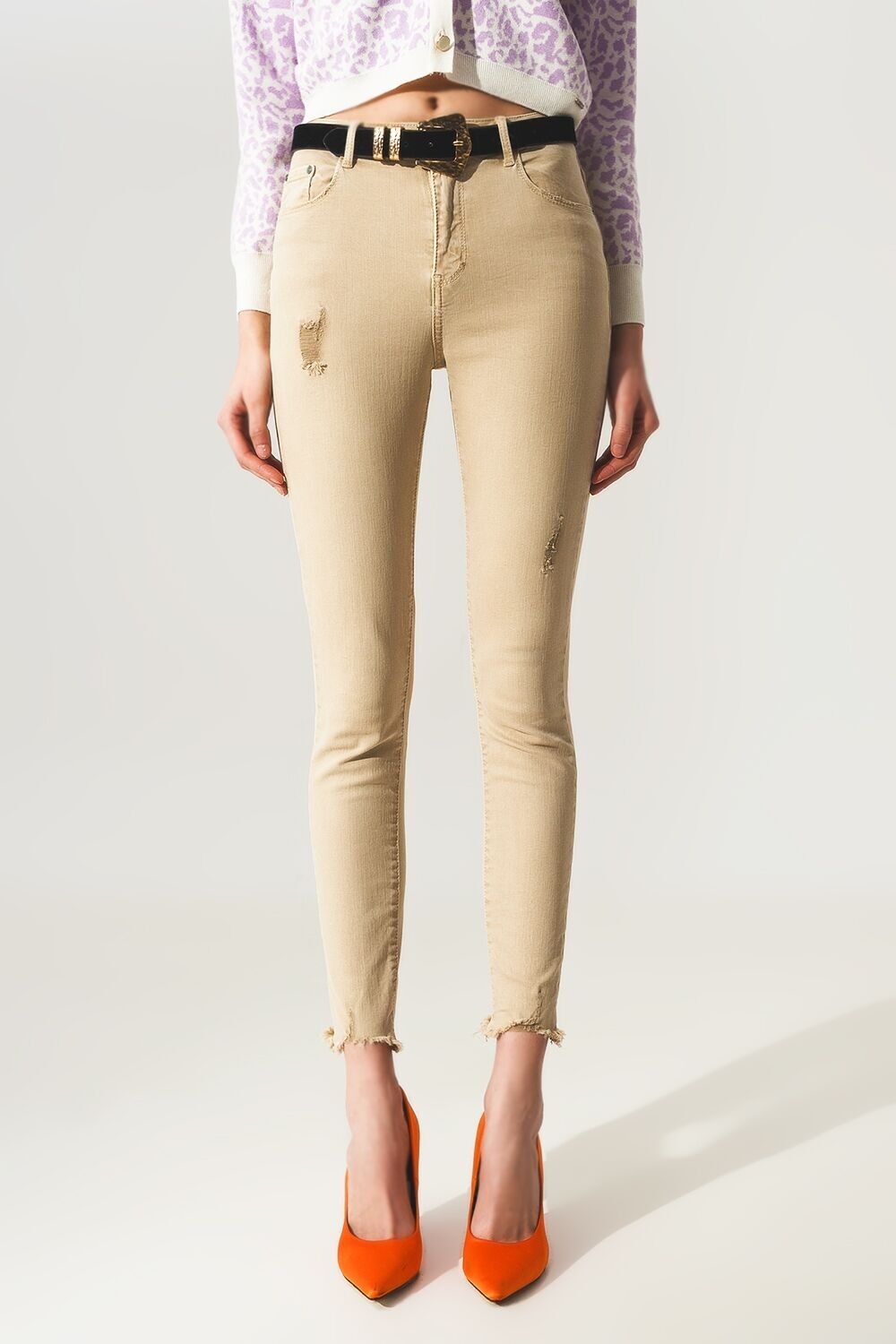 Skinny-Jeans mit hoher Taille in Beige