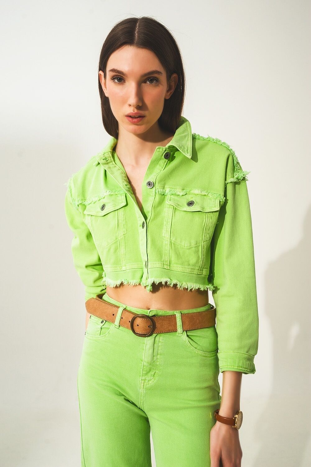 Kurz geschnittene Trucker-Jeansjacke in Acid Green