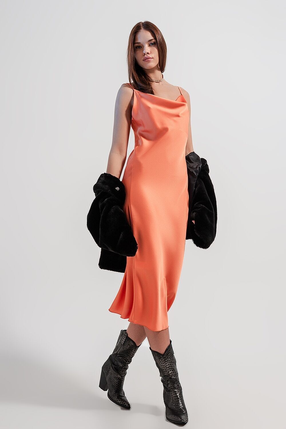 Cami-Midi-Slip-Kleid aus hochglänzendem Satin in Orange