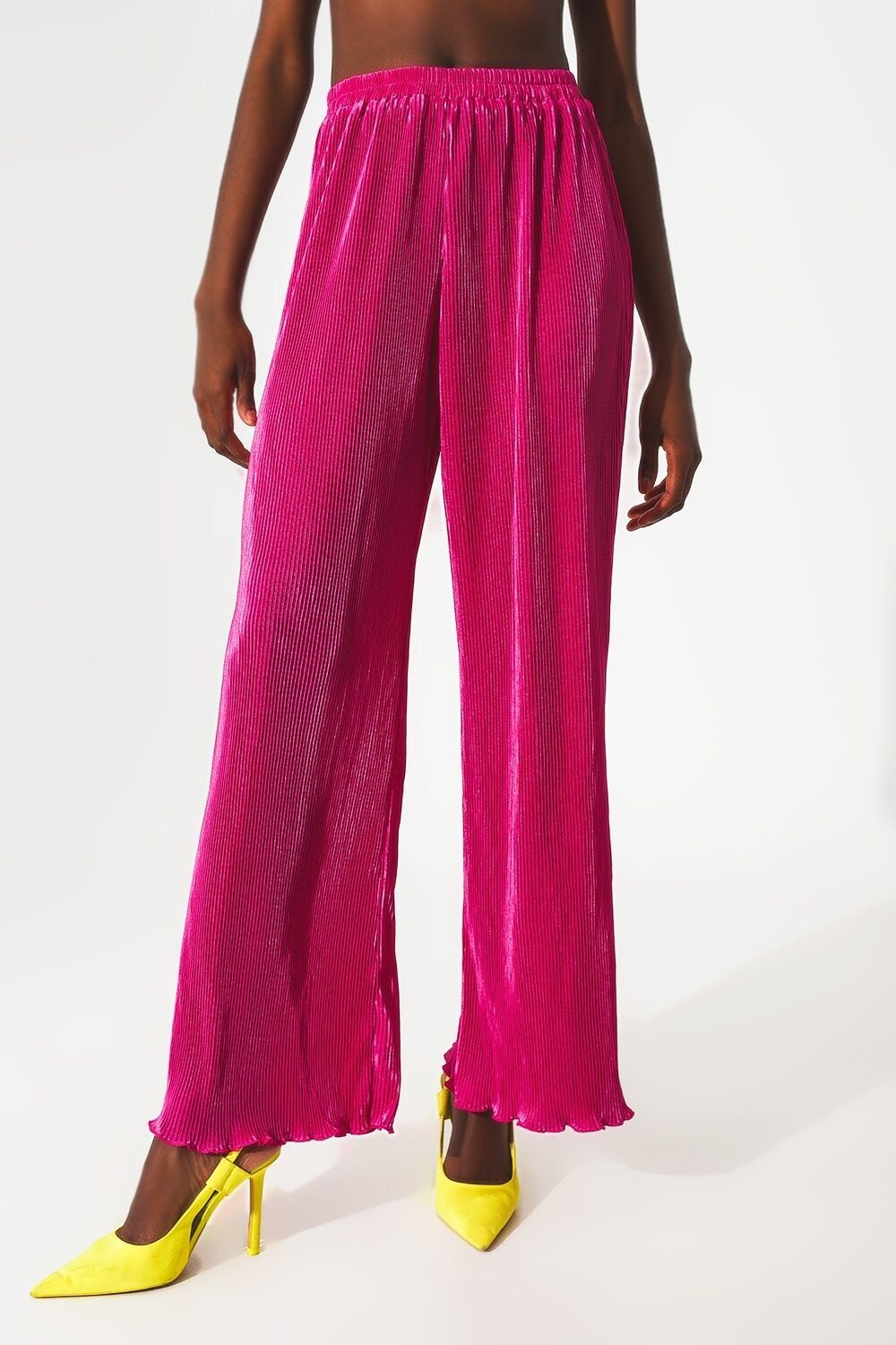 Satin-Faltenhose mit weitem Bein in Fuchsia