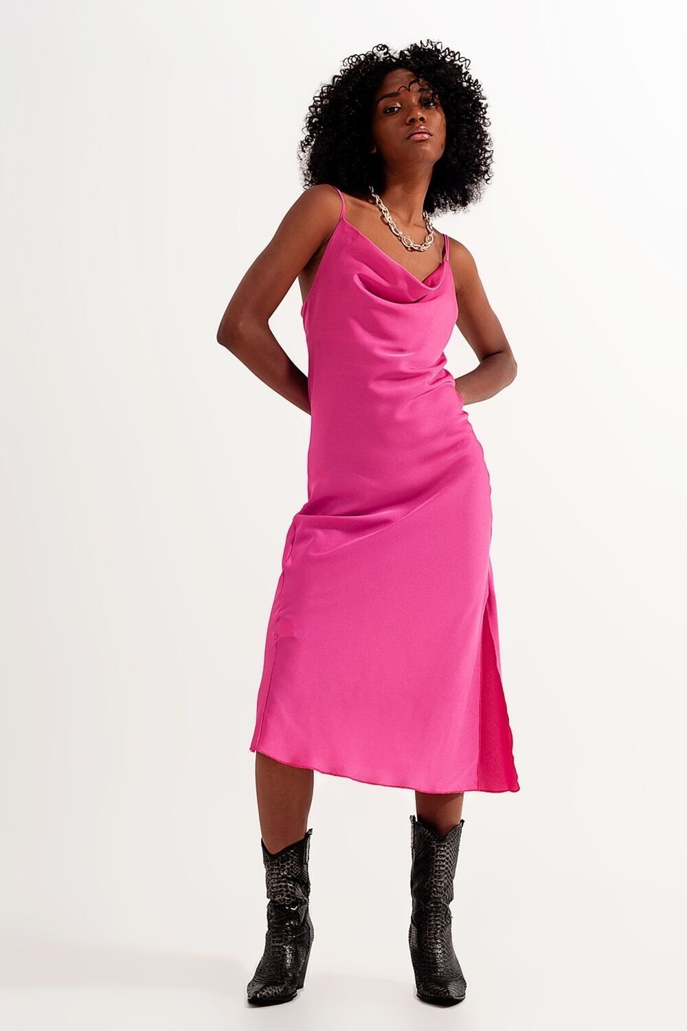 Cami-Midi-Slip-Kleid aus hochglänzendem Satin in Fuchsia