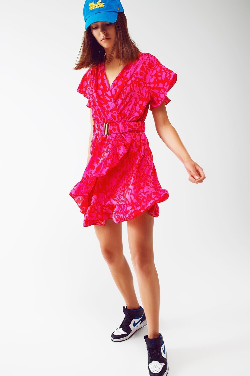 Minikleid mit Wickelgürtel und Animal-Print in Fuchsia