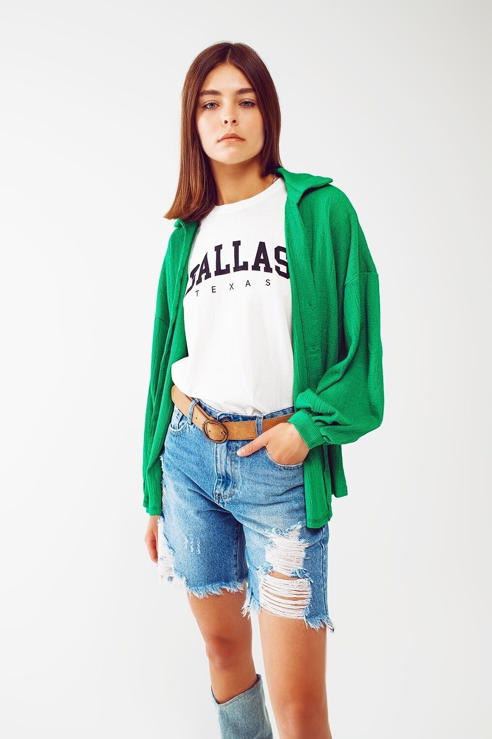 Strukturiertes Hemd mit Ballonärmeln in Grün