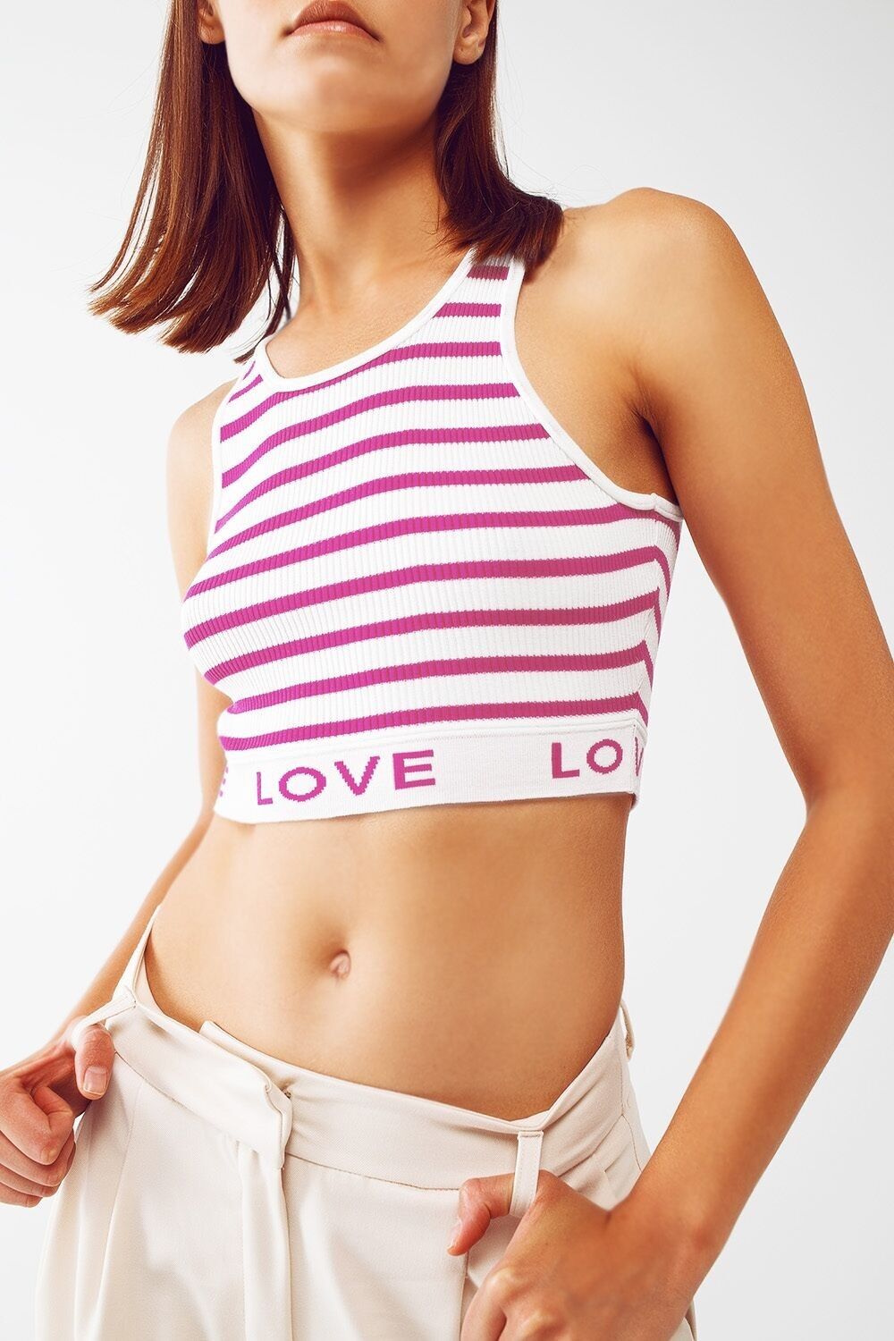 Gestreiftes, kurzes Top mit Love-Text in Rosa