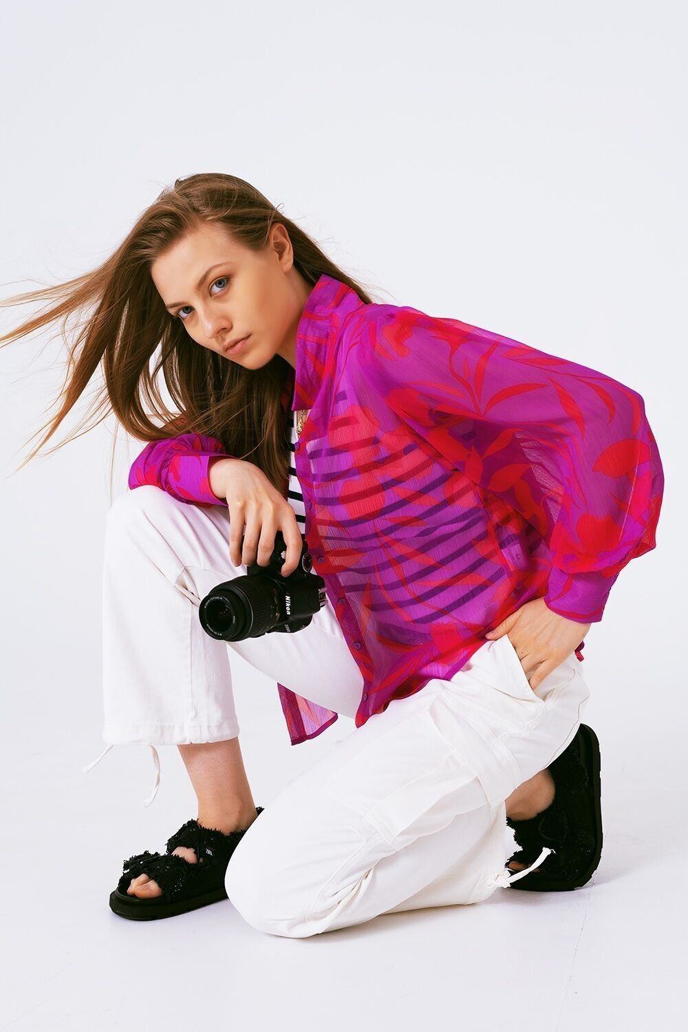 Chiffon-Bluse mit Blumendruck in Fuchsia