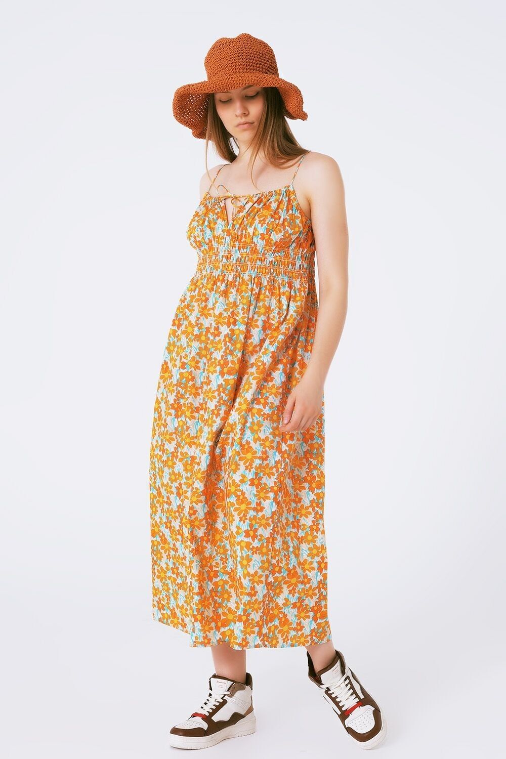 Maxi-Strandkleid mit orangefarbenem Blumendruck