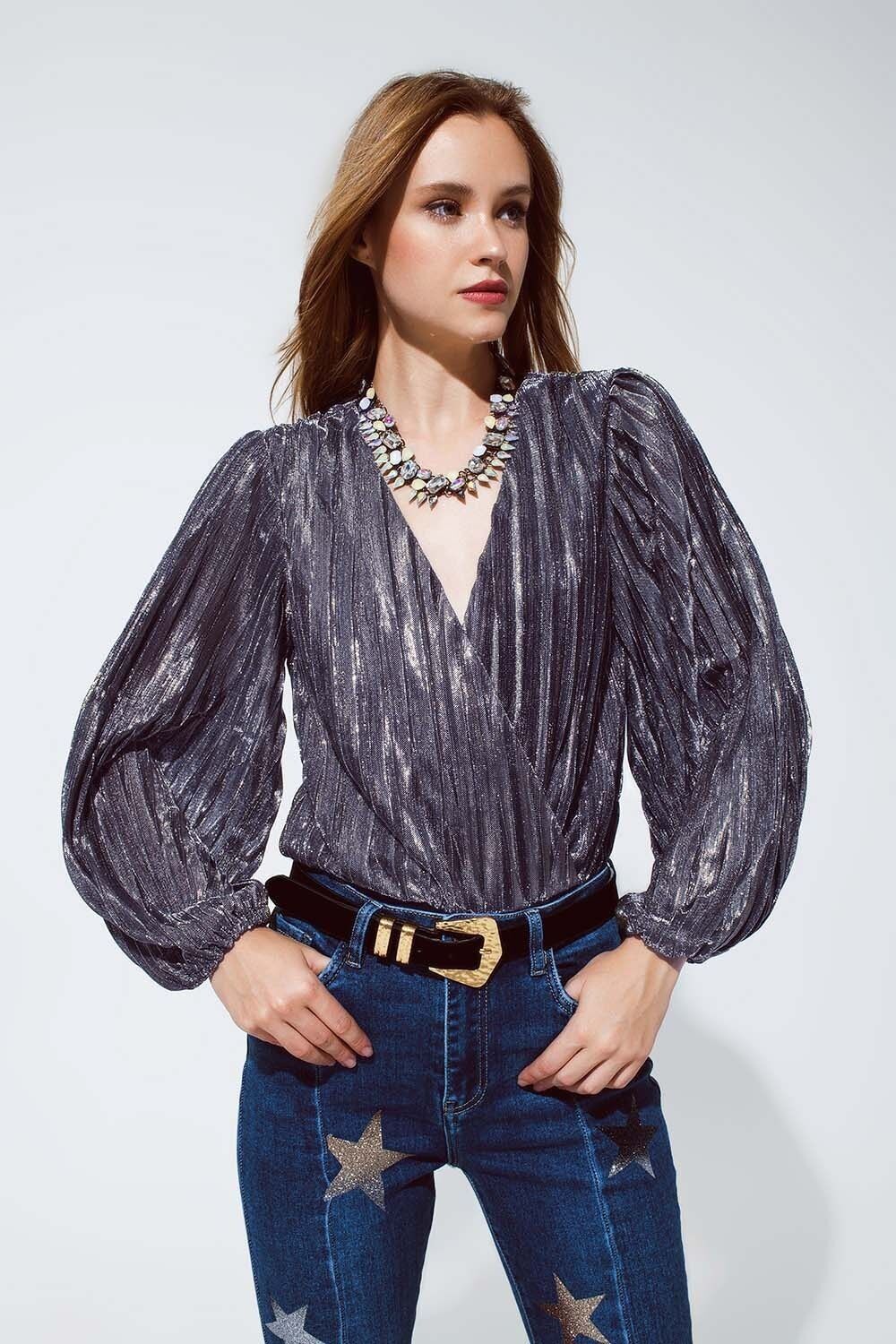 Glänzender Glitzer-Body mit tiefem V-Ausschnitt in Silber