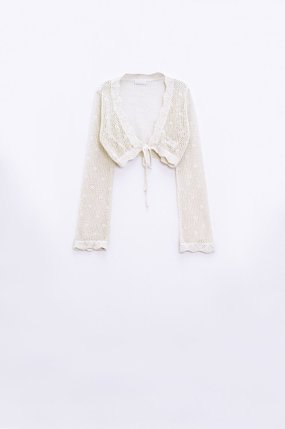 beige kurze Häkel-Strickjacke mit Lurex-Detail