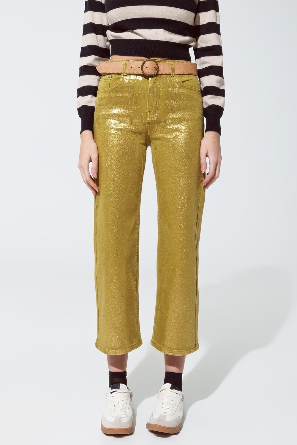 Grüne Jeans mit geradem Bein und goldenem Metallic-Glanz