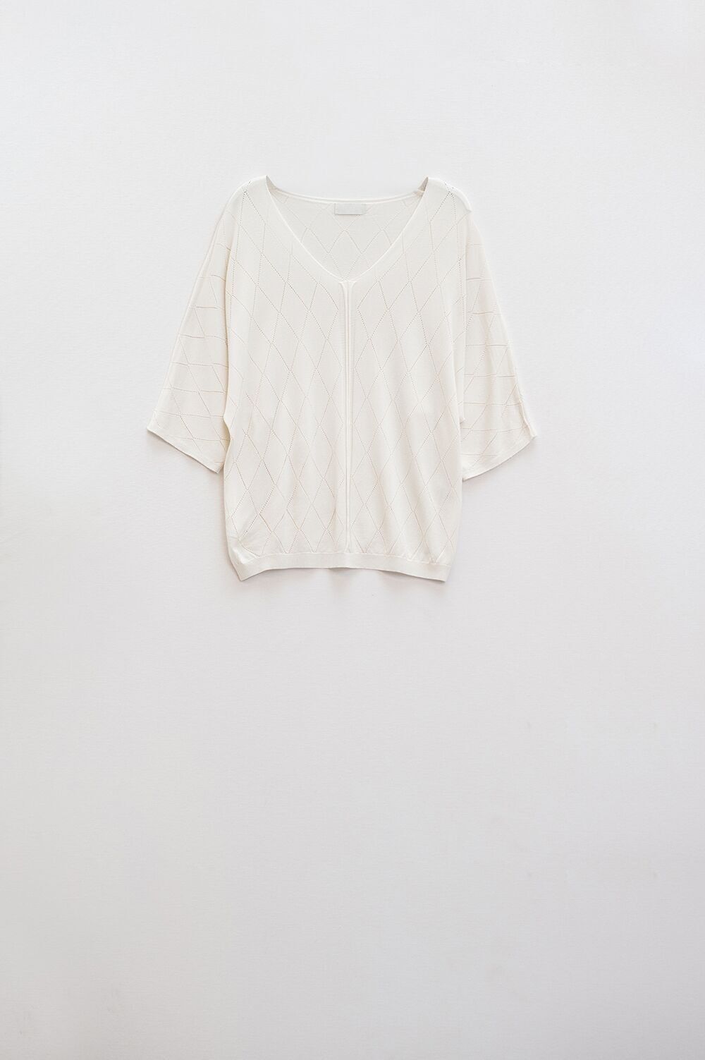 Beige Short Sleeve Sweater With Argyle Pattern