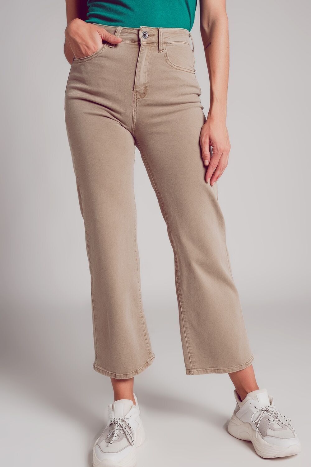 Cropped wide leg jeans in beige color