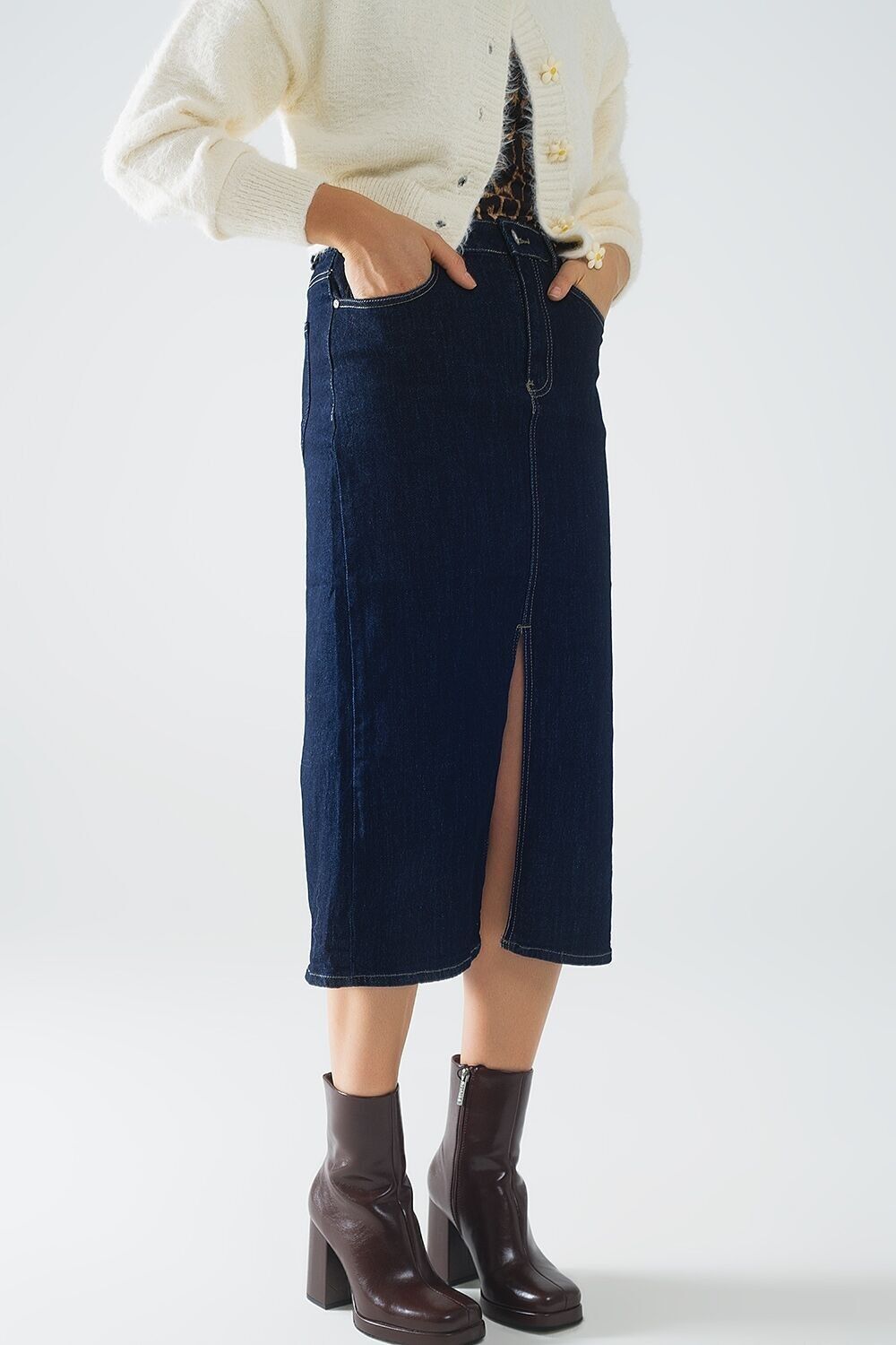 pencil denim skirt in dark wash