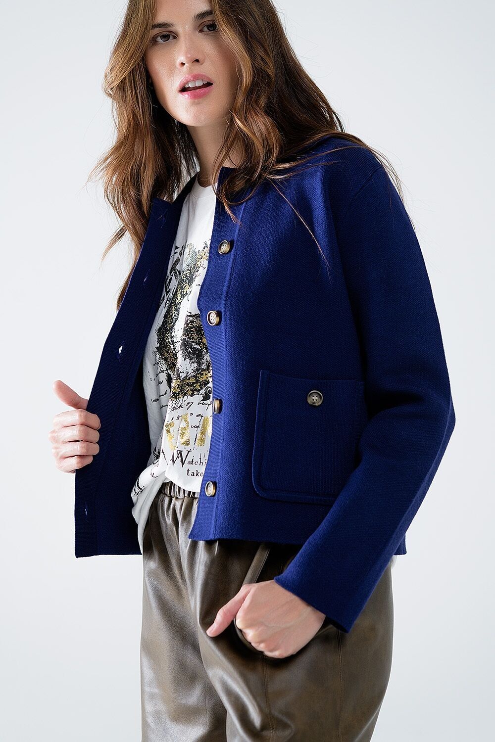 Soft knit cardigan in ink blue with front pockets