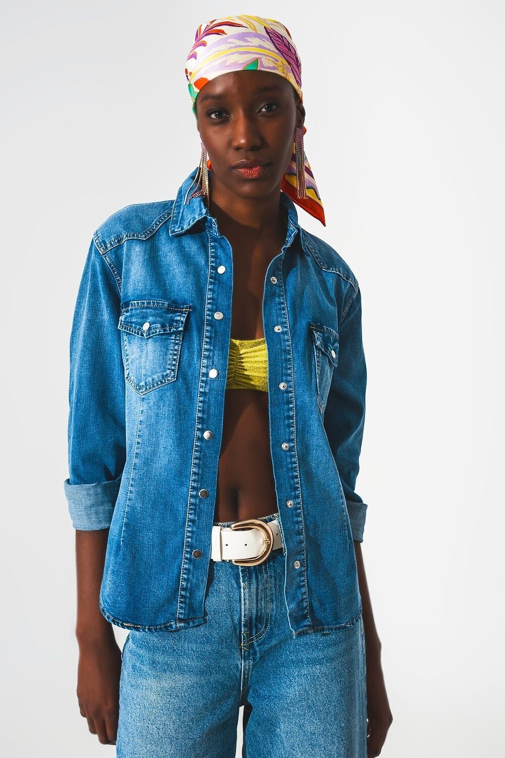 Stretch denim shirt in mid blue