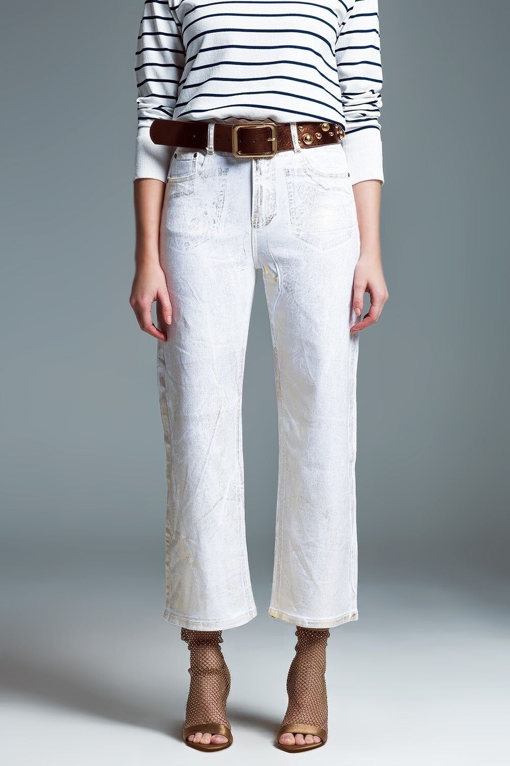 White Wide Leg Jeans With Metallic Finish In Gold