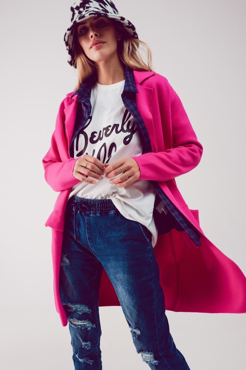 Oversized collar maxi cardigan in fuchsia