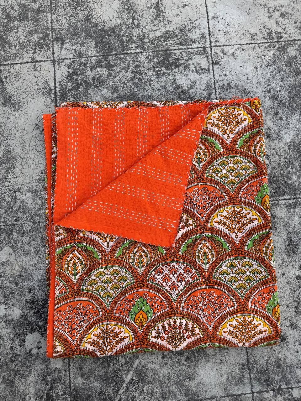 Handmade Indian Cotton Kantha Quilt – Reversible