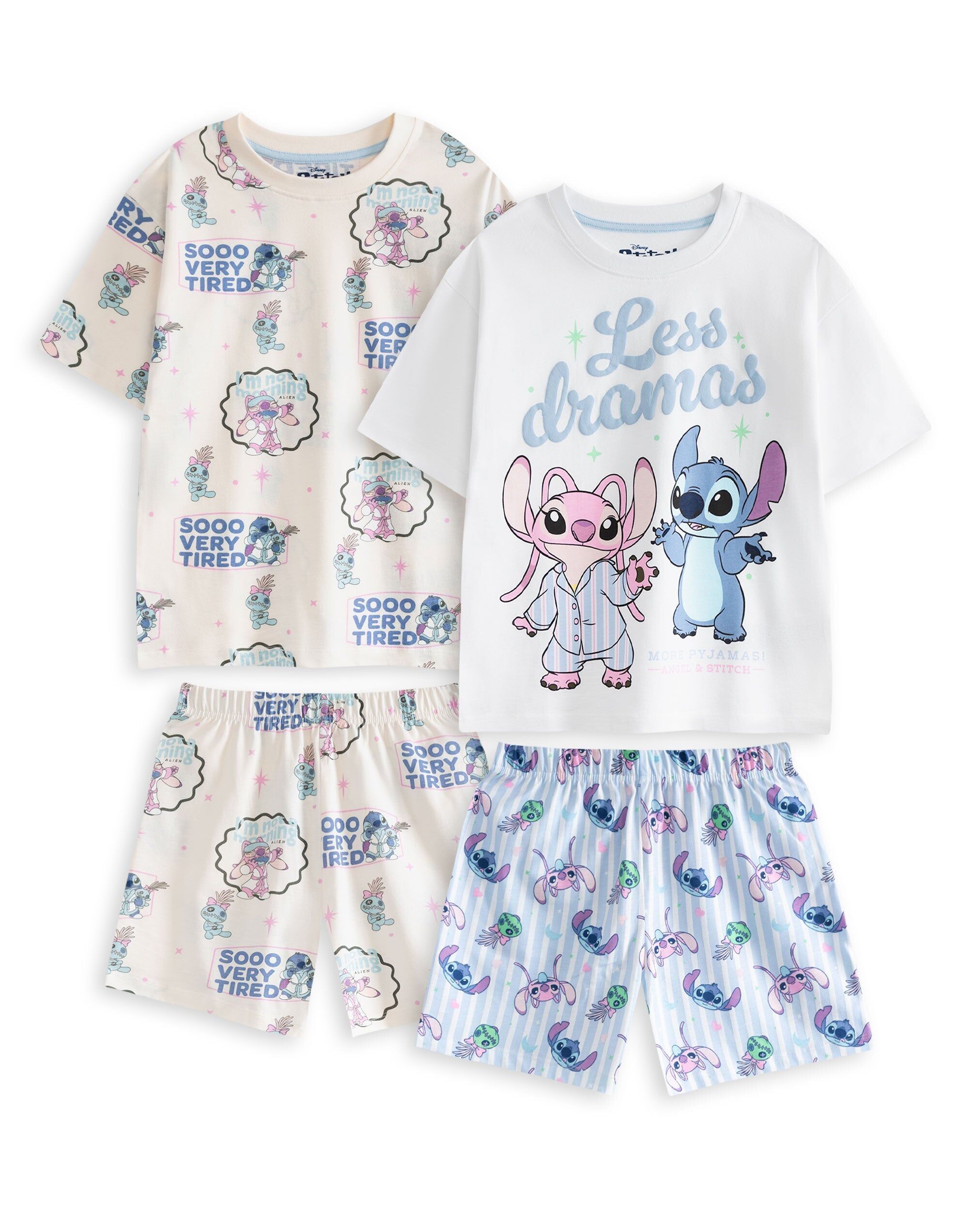 Disney Lilo & Stitch Mädchen Mehrfarbiger „Less Dramas“-Doppelpack Kurzarm-Pyjama-Set (2er-Pack)