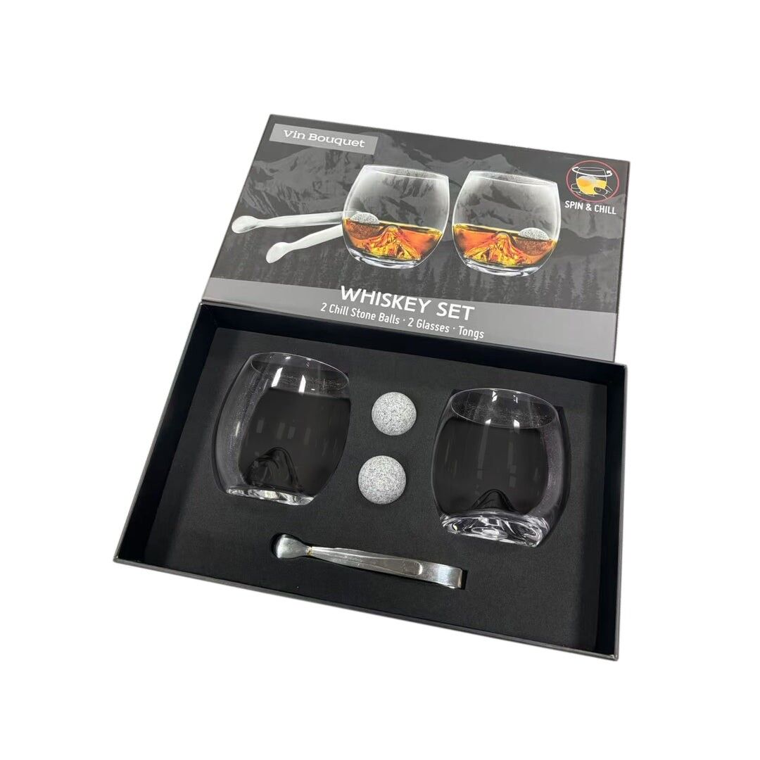 Set of 2 Mountain Whiskey Glasses with Chilling Stones and Tongs