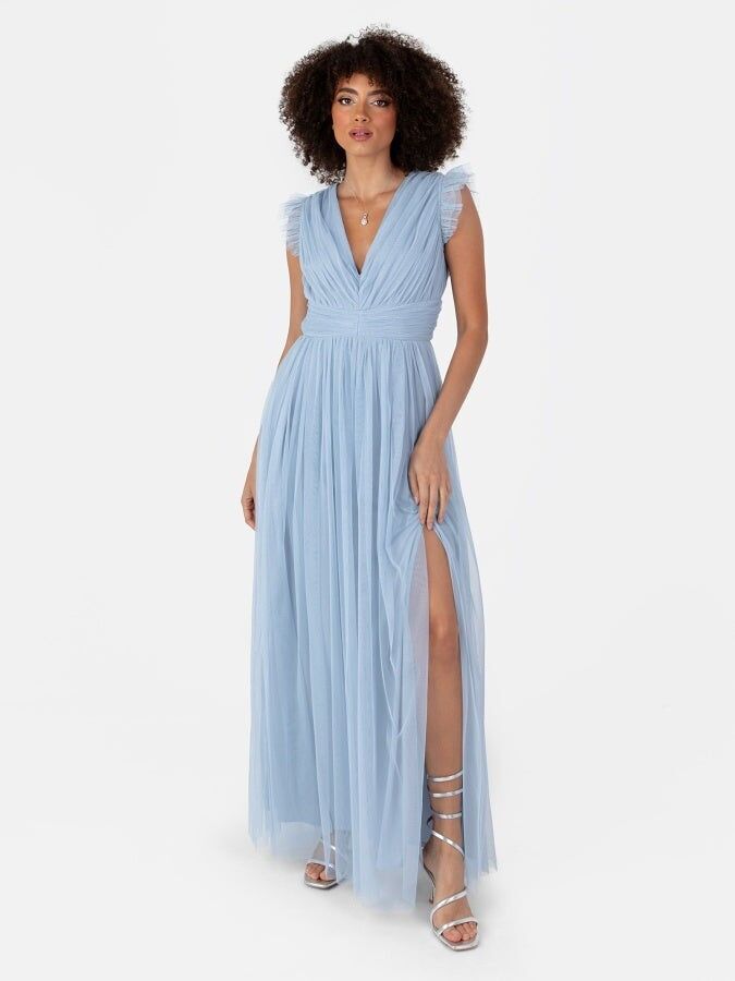 Anaya With Love Recycled Soft Blue Flatter Sleeve Maxi Dress