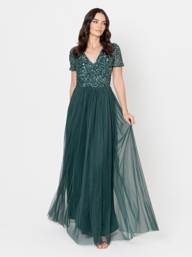 Maya Smaragdgrünes Maxikleid mit kurzen Ärmeln, V-Ausschnitt und Verzierungen