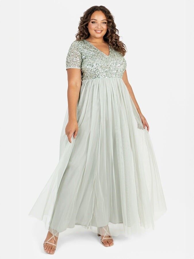 Maya Salbeigrünes Maxikleid mit V-Ausschnitt und Verzierungen