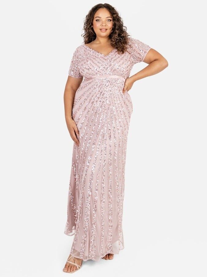 Maya Maxikleid mit kurzen Ärmeln und Streifen, verziert in zartem Rosa