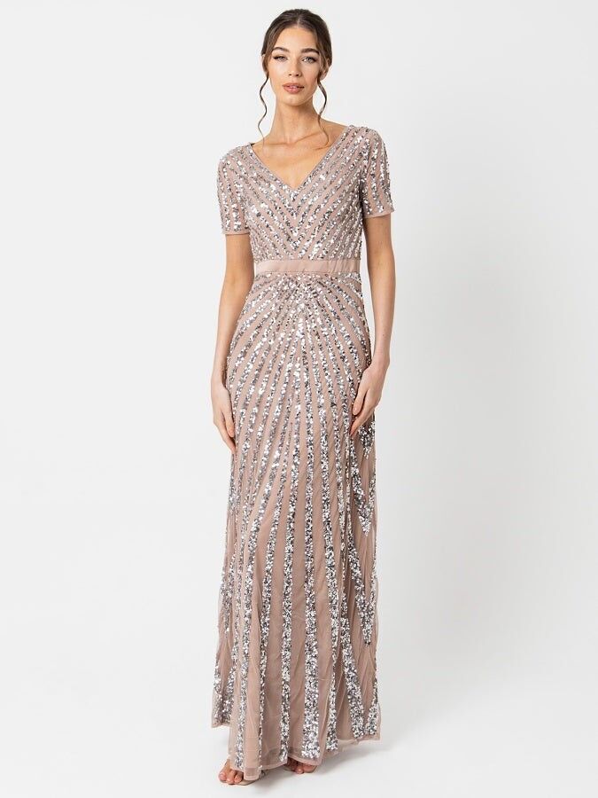 Maya Taupe Blush Kurzarm-Maxikleid mit Streifen und Verzierungen